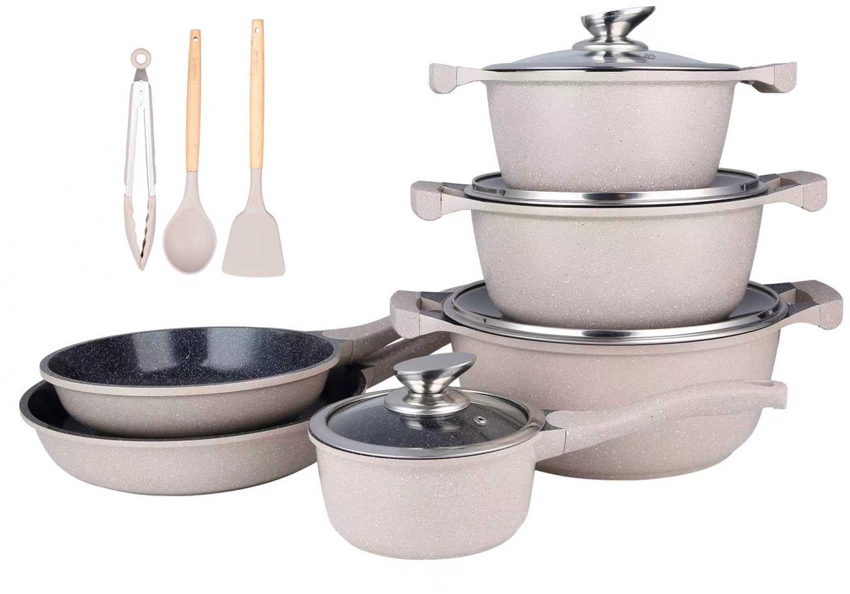 Royalty Line® BS1010 Pannenset Inductie - 13 Delige Pannensets Met Antiaanbaklaag - PFAS Vrij - Kookpotten, Koekenpannen & Steelpan - Pannen Geschikt Voor Alle Warmtebronnen - Beige