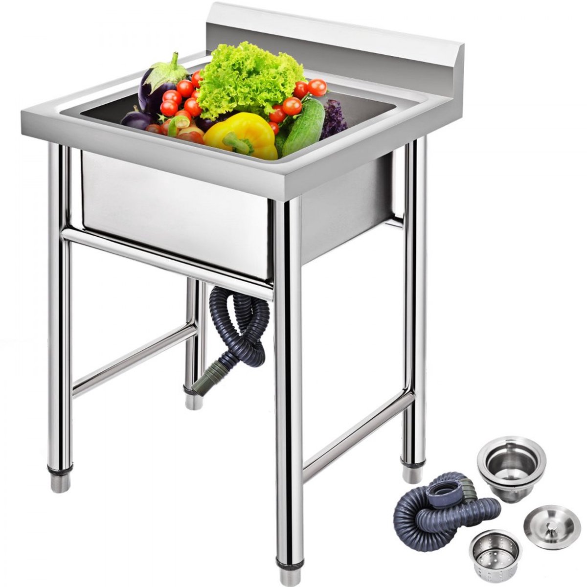 Commerciële Gootsteen - Vrijstaande Spoelbak - 92,7 x 61 x 59,7 cm - 1 mm Dikte - Met Spatwand - Niet-magnetisch RVS - Enkele Bak - Zilver