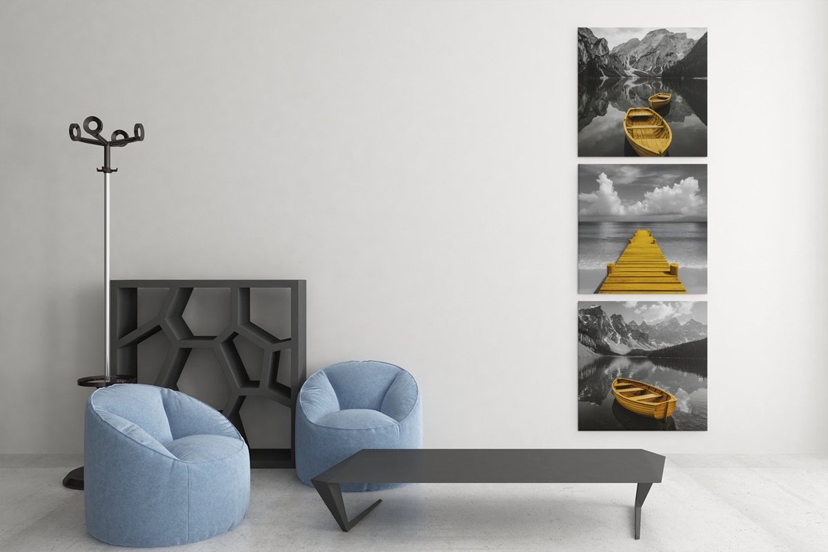 Trendex Global Drieluik Canvas Schilderij Rustige Natuur – Gele Booten op het Water - 3x60x60 cm Geel
