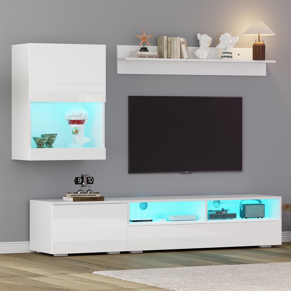 STILVORA TV meubel - TV Meubel set 3-delig inclusief TV-board, Wand- en Wandschrank - LED-verlichting - Voor woonkamer en slaapkamer - 175x39x34 cm - Spaanplaat - Wit