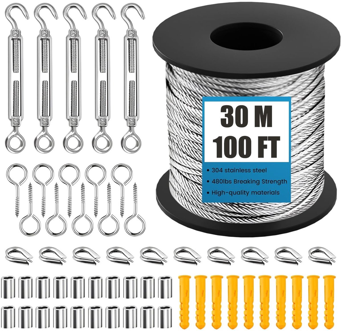 Namajunas - 56 stuks staalkabelset - Buitenverlichting geleidedraad - 30M/100FT 304 roestvrijstalen draadkabel - Staalkabel met oogjeshaken - voor Buiten Tuin Keuken - M5 spanschroef staalkabel - Spandraad systeem Voor Klimplanten - Waslijn