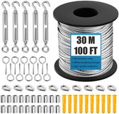 Namajunas - 56 stuks staalkabelset - Buitenverlichting geleidedraad - 30M/100FT 304 roestvrijstalen draadkabel - Staalkabel met oogjeshaken - voor Buiten Tuin Keuken - M5 spanschroef staalkabel - Spandraad systeem Voor Klimplanten - Waslijn