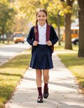 Meisje met vlechten draagt een schooluniform met marineblauw vest en een rugzak.