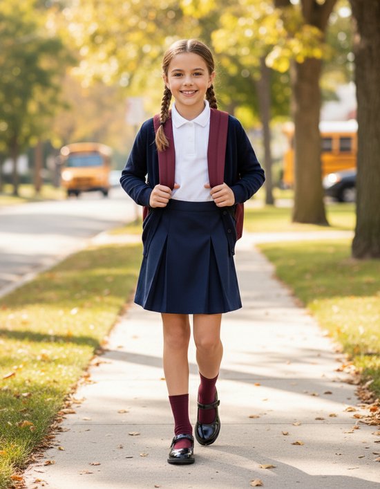 Meisje met vlechten draagt een schooluniform met marineblauw vest en een rugzak.