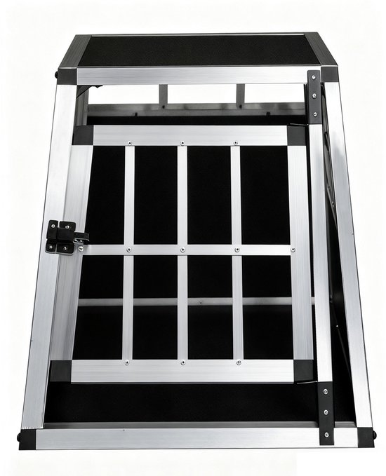 Aluminium hondenbench met zwarte panelen, deur met tralies.