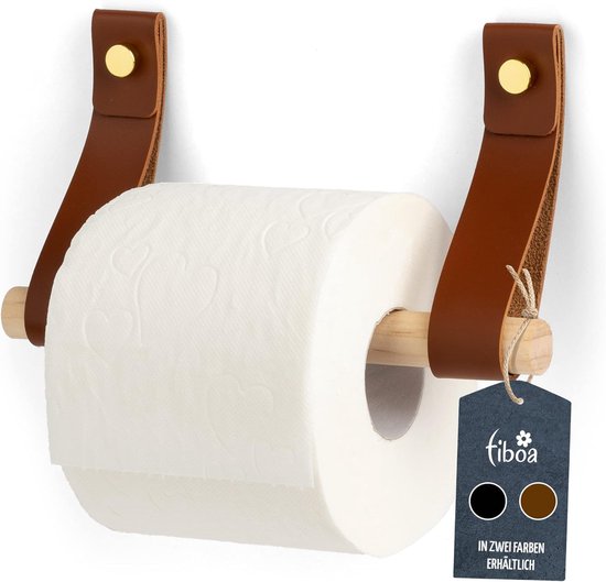Porte-rouleau de papier toilette de Luxe en Cuir marron et bois avec Vis de fixation, bouton d'arrêt doré, support suspendu.