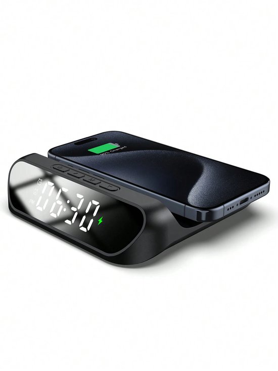 Draadloze Oplader met Wekker, Thermometer, LED-display en Nachtlampje – Alles-in-één Oplossing voor jouw Nachtkastje