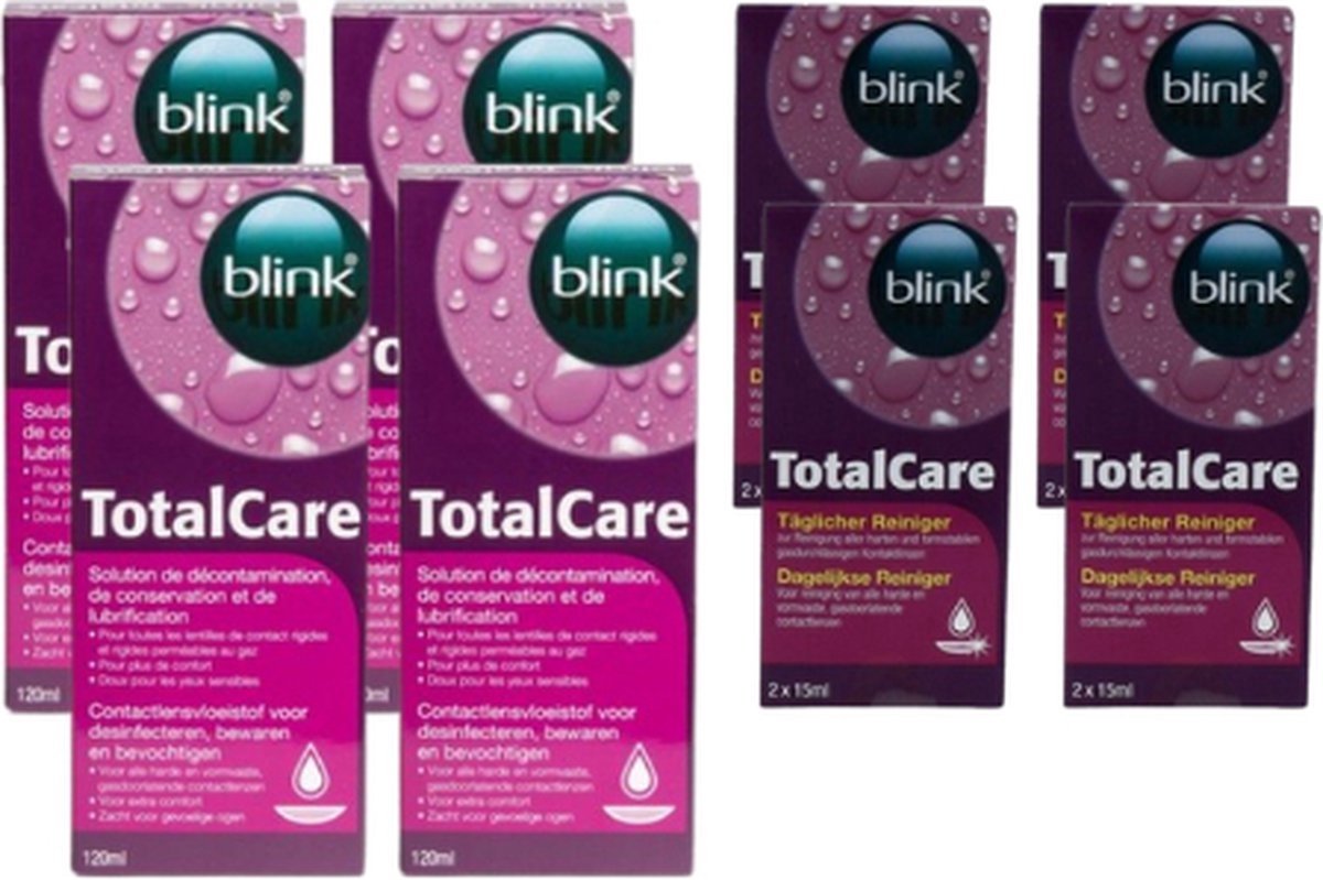 Blink TotalCare solution 4 x 120 ml - lenshouders + 4 x 30 ML Cleaner - Voordeelverpakking Lenzenvloeistof