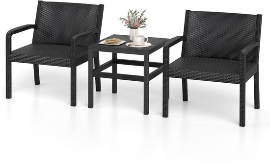 COSTWAY 3-delige rotan tuinmeubelset, weerbestendig balkonmeubel van PP, balkonset incl. 2 stoelen met tafel, terrasmeubels, tuinset, zitgroep voor balkon, terras, tuin (zwart)