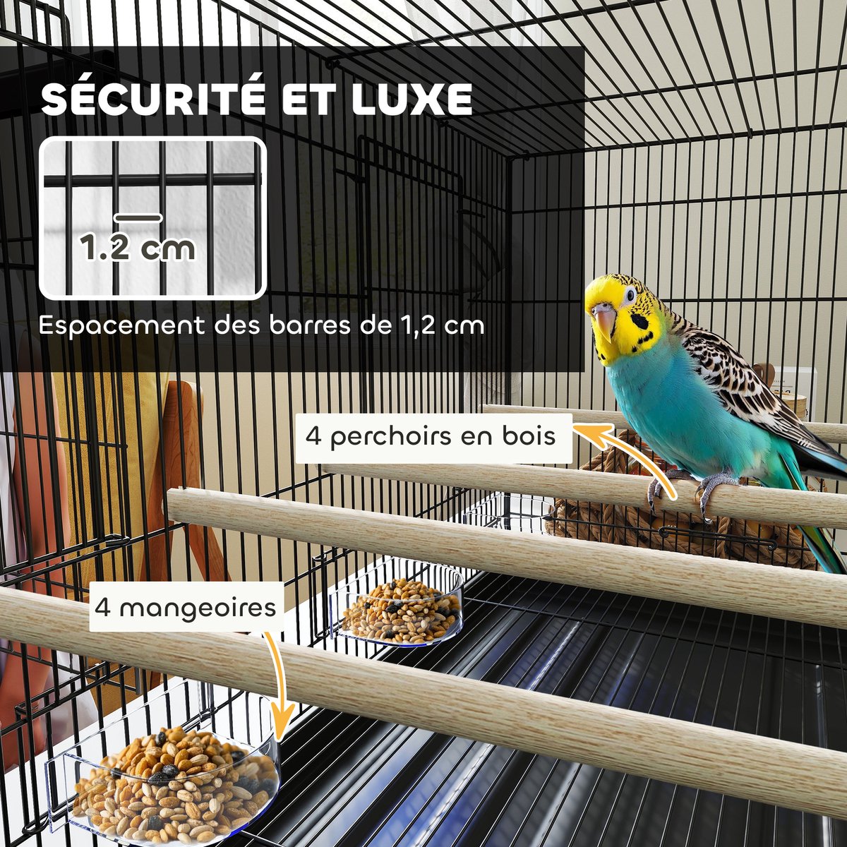 PawHut Vogelkooi - Staal - 76x46x46cm - Zwart thumbnail 2