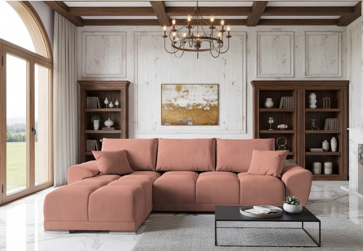 Hoekbank met Slaapfunctie en Opbergruimte – Luxe Fluwelen L-vormige Slaapbank 289x189 cm – Comfortabele Uittrekbare Bank met Bedfunctie, CollFeel Schuim & Kussens – Kleur: Roze – Ganeey