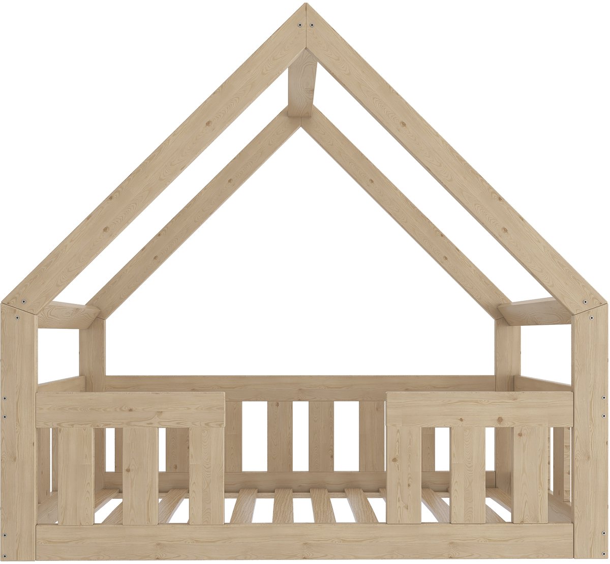 Need Sleep Kinderbed 90x180 cm – Montessori Peuterbed met Hoge Railing – Massief Houten Huisbed – Naturel