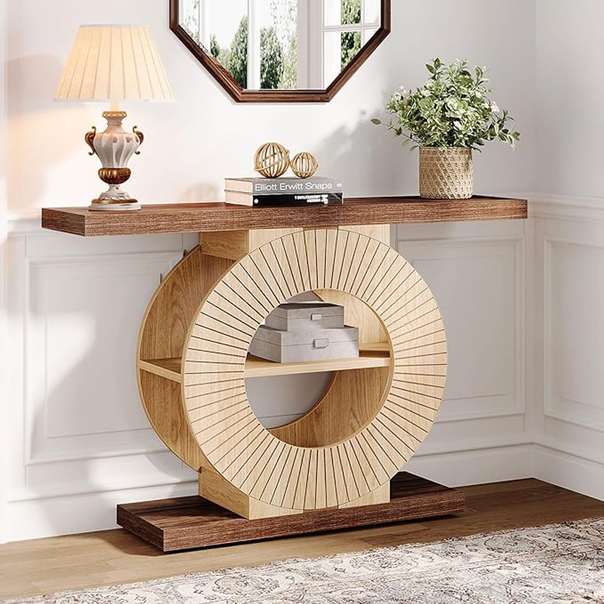 Consoletafel met Opbergruimte | HomeByNicole Houten Entreetafel 3 Planken | Landelijke Stijl Accenttafel voor Woonkamer, Hal of Slaapkamer | Rond Onderstel, Bruin, 100 cm