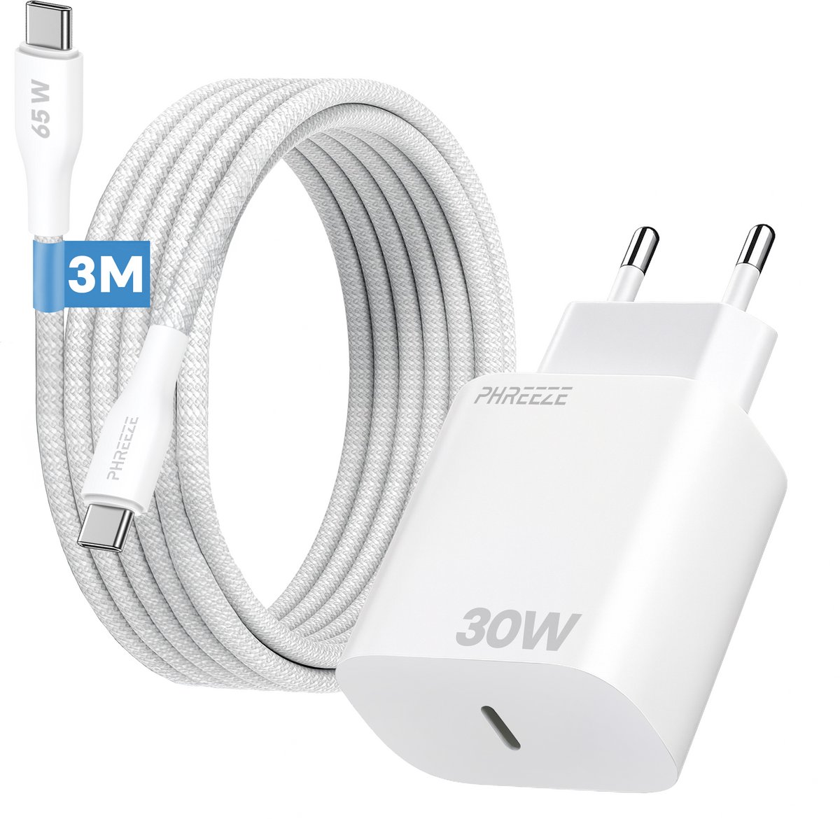 Phreeze usb C snellader 30W met usb C naar usb C kabel 3 meter - Gevlochten Wit