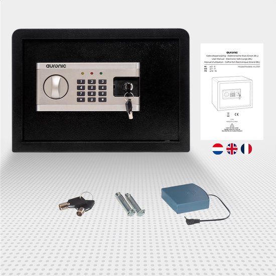Zwarte kluis met digitaal codeslot, sleutel en montagemateriaal. Handleiding met NL, GB, FR vlaggen.
