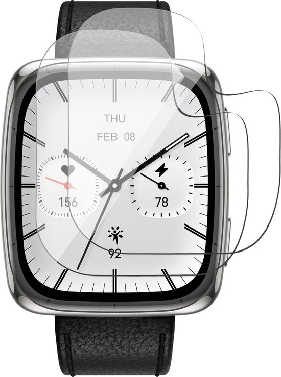 Amazfit Active 2 smartwatch met leren band en schermprotector.
