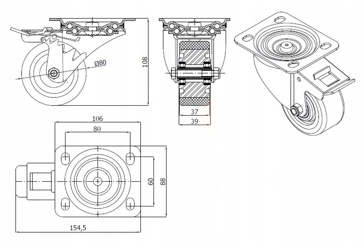 Zwenkbaar wiel met rem, aluminium-polyurethaan, Ø 80 mm, 150 kg
