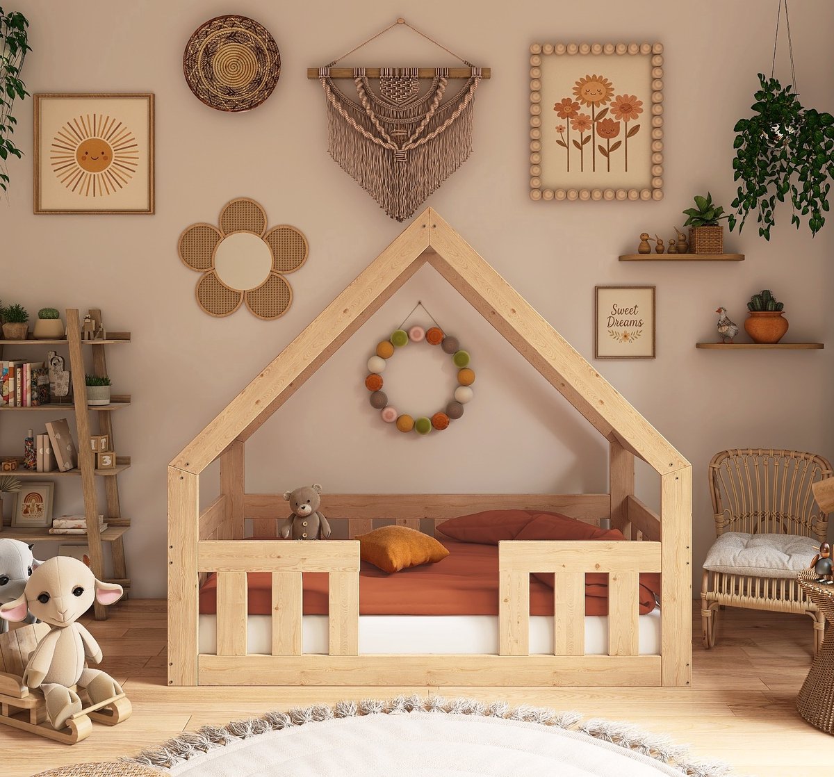 Need Sleep Kinderbed 70x140 cm – Montessori Peuterbed met Hoge Railing – Massief Houten Huisbed – Naturel