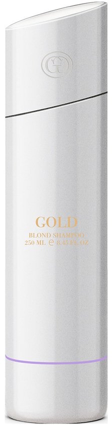 Witte fles 'GOLD BLOND SHAMPOO' met paarse band onderaan. Inhoud 250 ml.