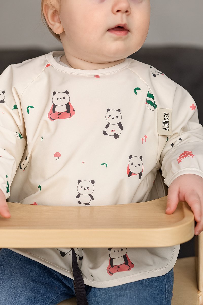 AliRose – Waterafstotend Eet- en Knutsel Jasje | Anti-Knoei Bib met Lange Mouwen | Wasbaar & Zacht Sluitingssysteem - Panda - Extra Stevig