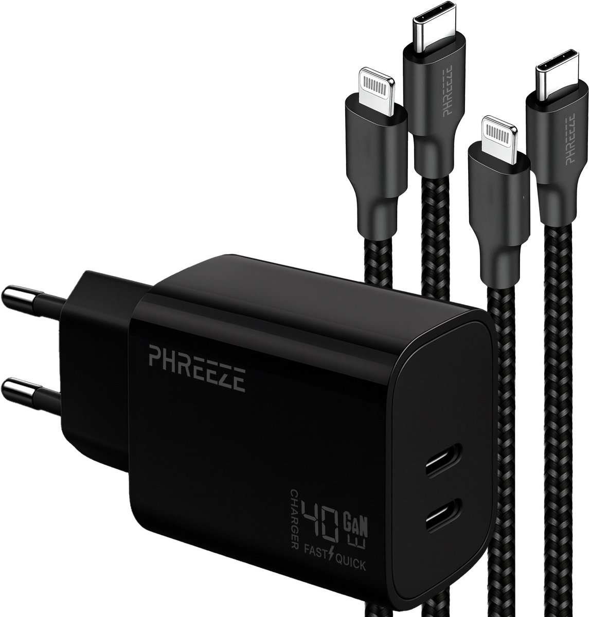 Phreeze usb C oplader 40 W - Geschikt voor iPhone 14 13 12 11 X XR XS Max Pro Mini Plus en iPad met Lightning kabel - Dual usb C oplader met 2 kabels 1m