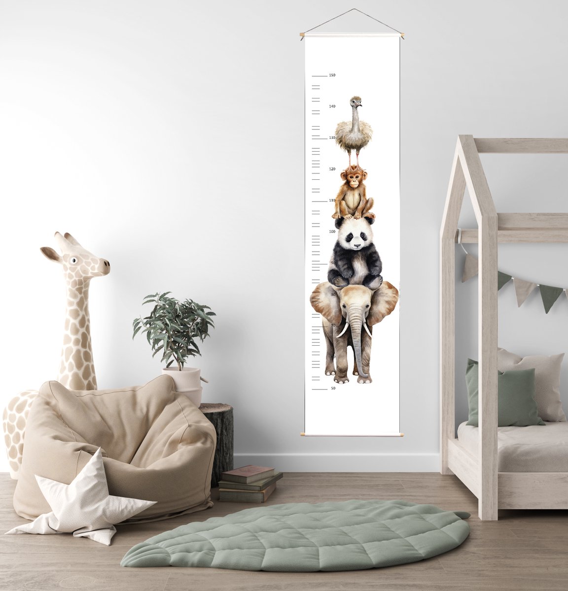 GroeimeterJungle Stapel-Olifant-Aap-Panda- Struisvogel-babykamer-120x30cm Kinderkamer decoratie-wanddecoratie-Kraamcadeau