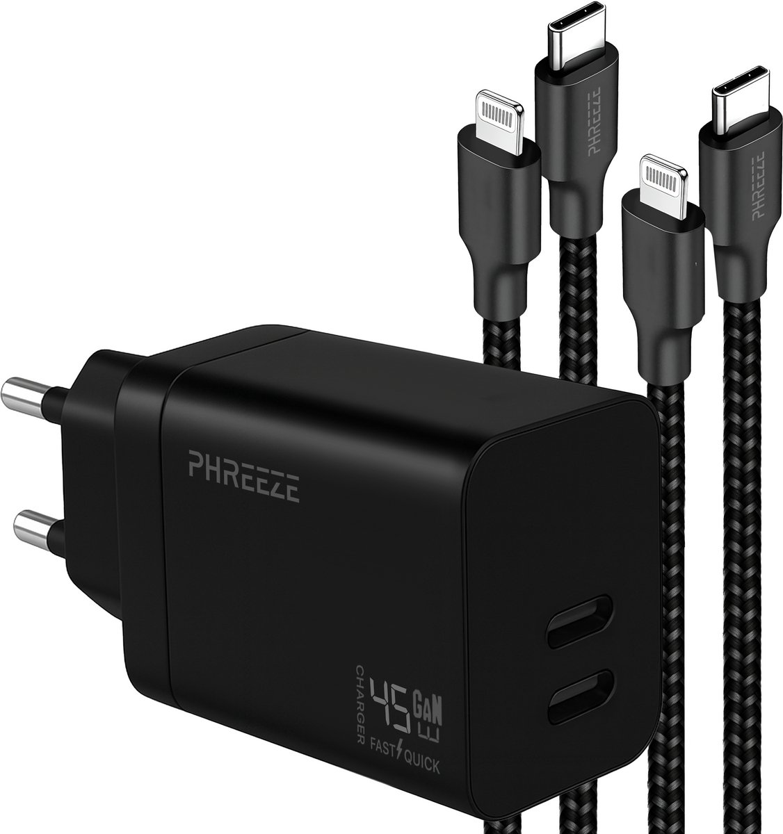 45w Oplader set geschikt voor iPhone en iPad met Lightning kabel - 1 meter - Phreeze usb C Power Delivery oplader - Dual port GaN charger - Oplaadkabels inbegrepen
