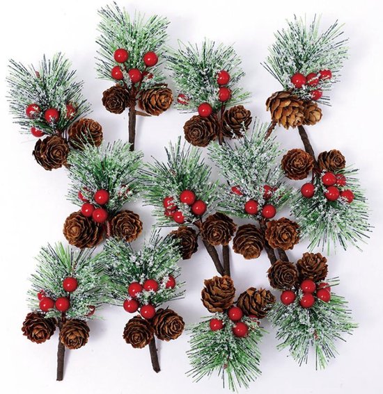 Kersttakken/dennentakken - 12 Stuks Decoratieve Takken 10cm - Kunst Bessen Tak - Decoratieve Kleine Takken met Bessen en Kegels - Kerstversiering - Doe-het-zelf Ambachten - Vakantieseizoen - Winter