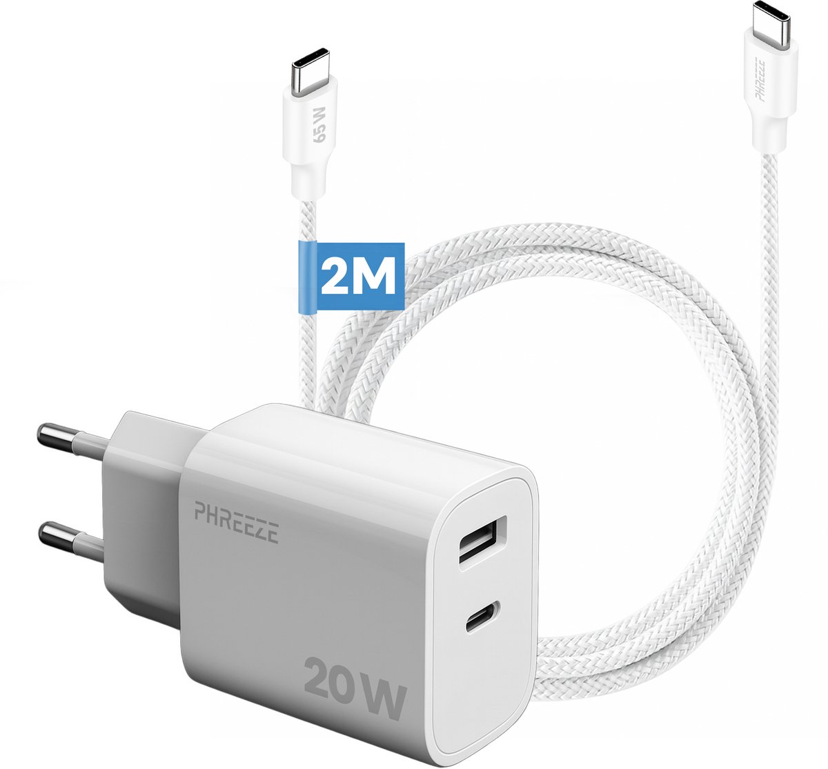 Phreeze usb C adapter 20 W met usb C naar usb C kabel 2 meter - Snellader voor A56 S25 S24 S23 S22 S21 S20 A36 A16 en Tab S9 - Met 2 poorten