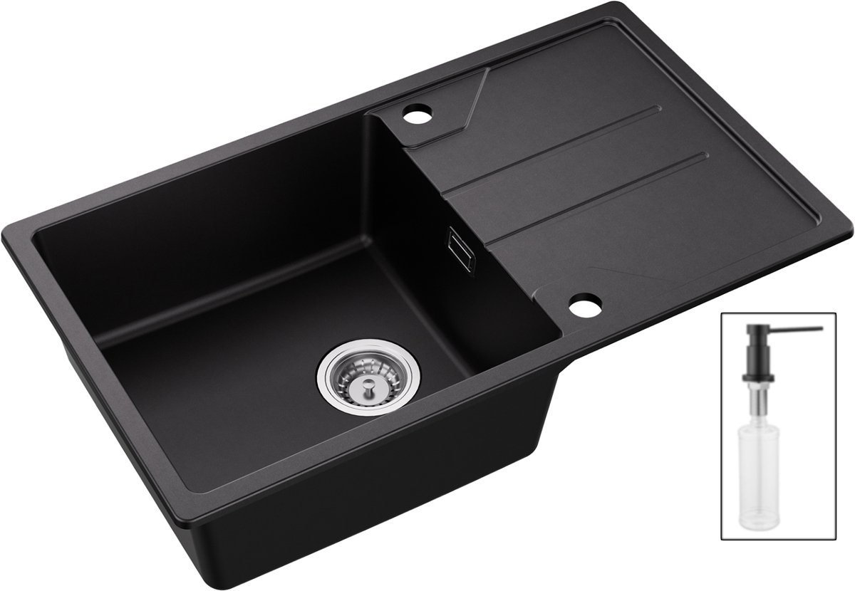 DERW MAX Granieten Spoelbak voor keuken 78x45cm - Enkele Spoelbakken Met Zeepdispenser - Onderbouw Spoelbak Antraciet - Met Planchet en Waterafvoersysteem - Voor 60 cm Kast