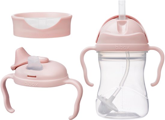 Ensemble composé d'une tasse rose avec paille, d'un couvercle à bec verseur rose et d'un couvercle d'apprentissage rose.