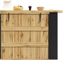 Houten schuifdeur met verticale planken en zwarte zijkanten, onderdeel van een uitschuifbare eettafel.