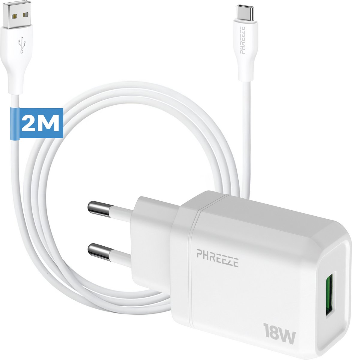 Phreeze usb stekker - Incl usb naar usb C kabel 2 meter - 18w usb adapter - 5v 3a usb oplaadstekker voor smartphone tablet koptelefoon accessoires