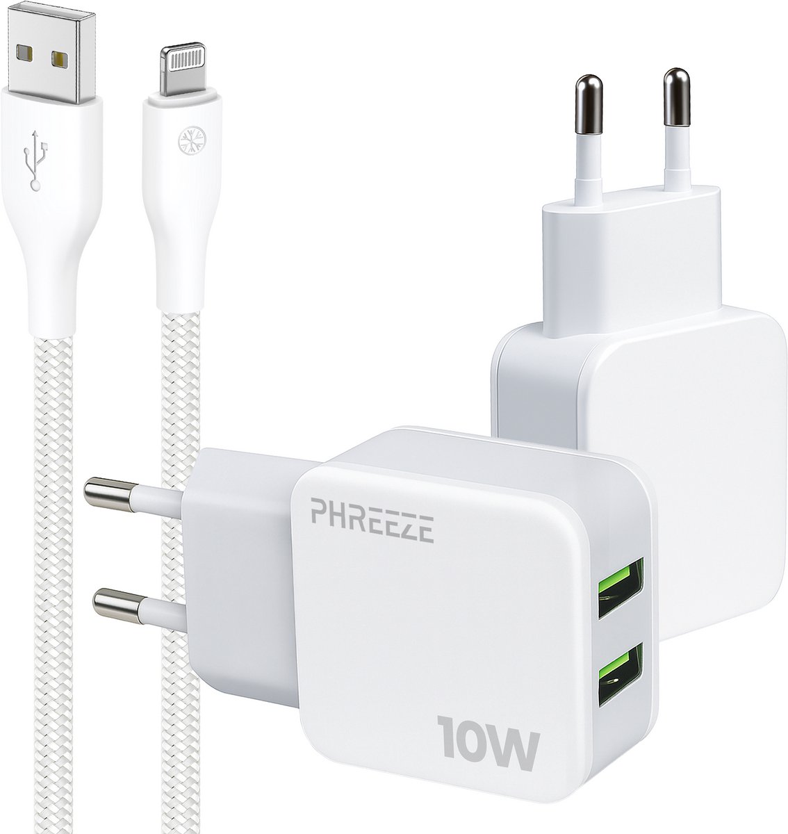 Usb stekker 2 poorten met kabel geschikt voor iPhone 14 13 12 11 X 8 7 6 Plus - Usb power adapter 5v 2a - 1 meter