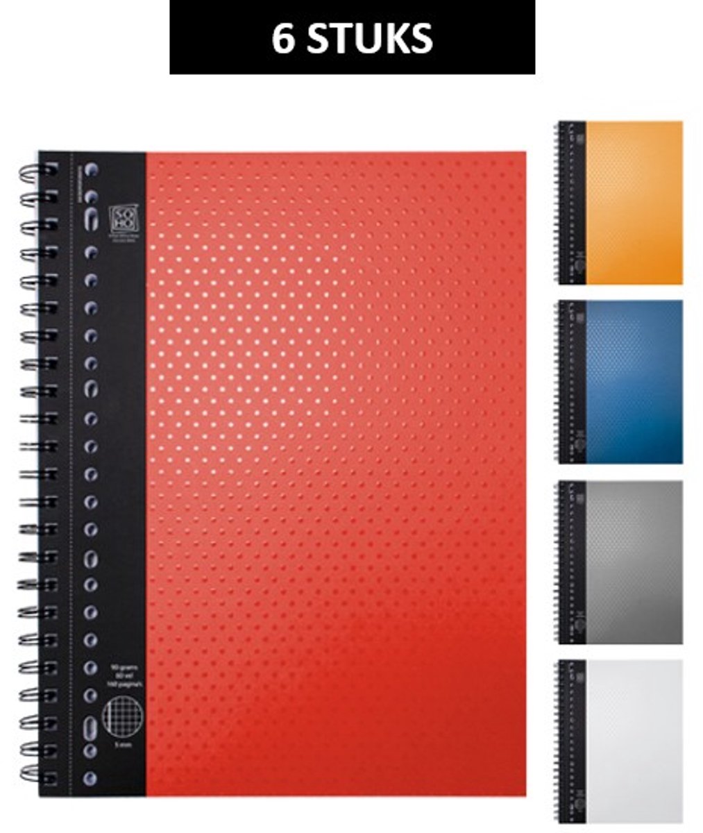 SOHO Collegeblok – Collegeblok – Ruitjespapier – Ruitjes – 10 mm ruit – Voorzien van kantlijn – Micro–perforatie – 23 rings – 160 pagina’s – A4 formaat – 5 assorti kleuren - 6 Stuks