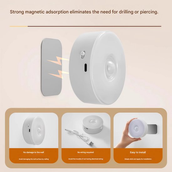 Nachtlampje met bewegingssensor - Slaapkamerlamp - Magnetische bureaulamp - Oogbeschermende oplaadbare bedlamp - LED-lamp met verstelbare helderheid - 2-pack van Merkloos — afbeelding 3
