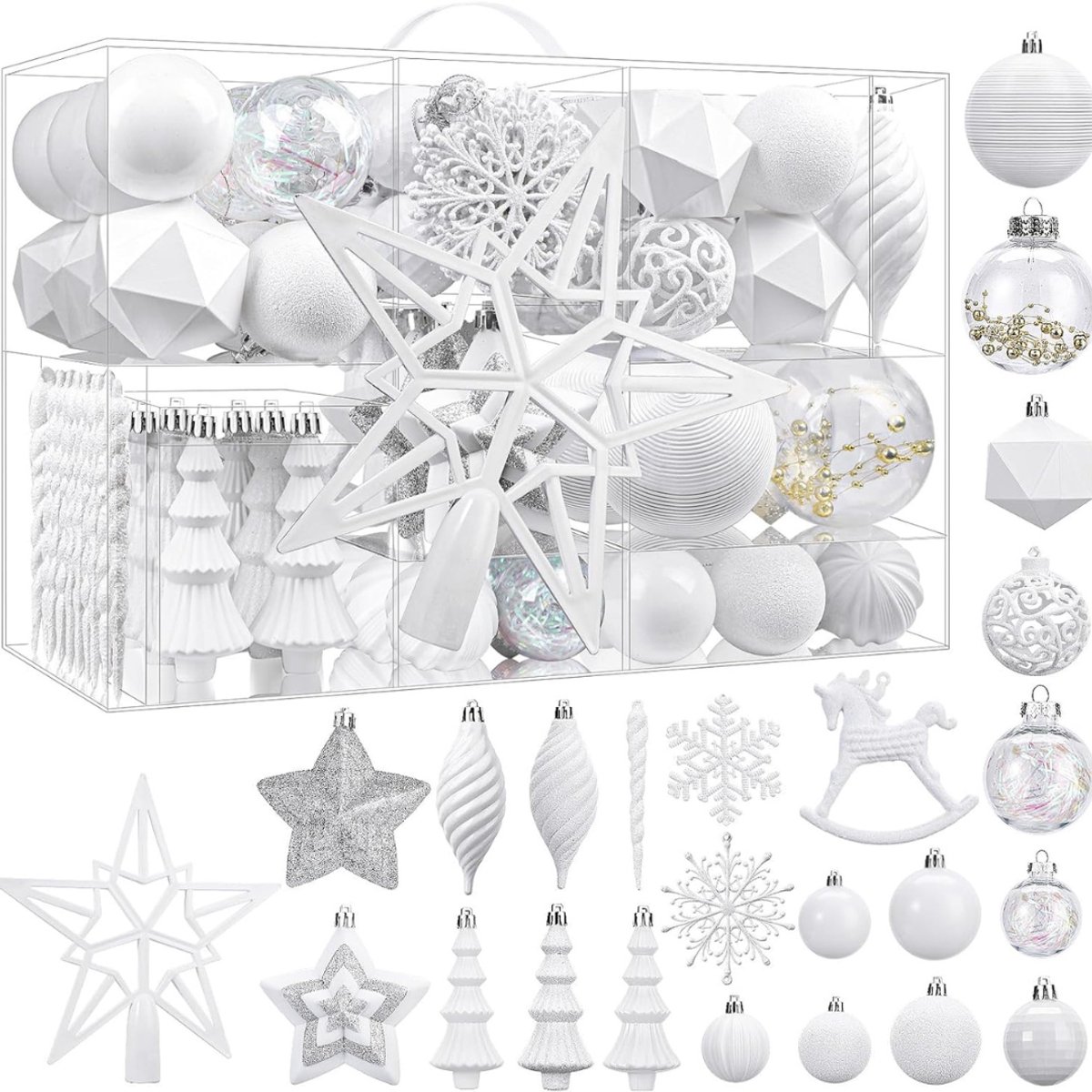 Set van 100 witte onbreekbare plastic kerstballen in verschillende maten en ontwerpen.
