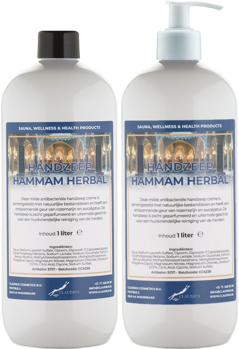 Handzeep Hammam Herbal 1 liter - set van 2 stuks - met gratis pomp - Voordeelverpakking