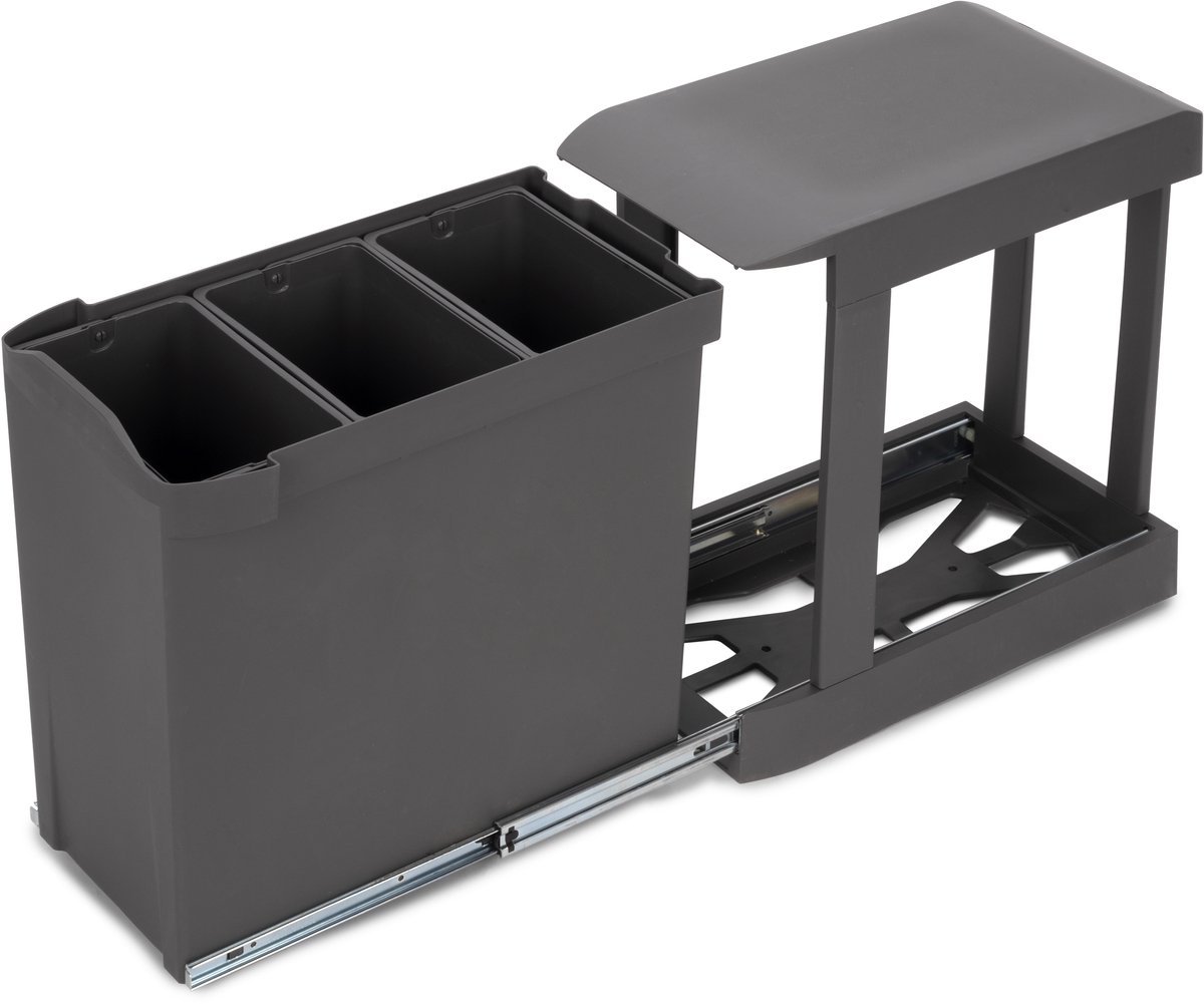 Emuca Afvalbakken voor recycling voor keuken, 3 x 10L, bevestiging aan onderzijde, automatische uittrekken, Staal en Plastic, Antracietgrijs