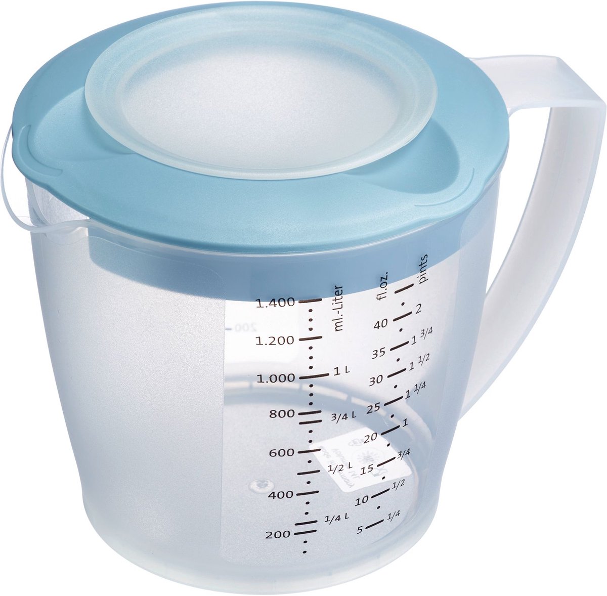 Westmark Beslagkom/maatbeker met spatbescherming, deksel en tuit, kunststof, inhoud: 1,4 l, Helena, doorzichtig/blauw, 3105227B