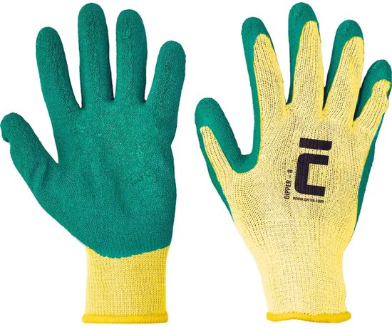 Gele werkhandschoenen met groene latex coating op de handpalm en vingers, merklogo Dipper 8 op de handrug.