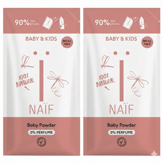 Twee navulverpakkingen Naïf babypoeder met libellen en tekst '90% minder plastic', '100% natuurlijk', 'Baby & Kids', 'Refill pack', 'Baby Powder', '0% Parfum'.