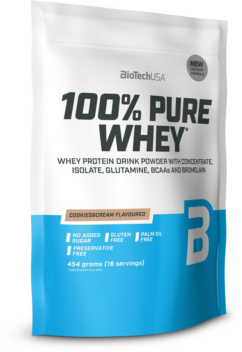 BioTechUSA 100% Pure Whey | Eiwitpoeder met BCAA en Glutamine | Glutenvrij, Palmolievrij | 21g Eiwit per portie, 454 g, Koekjes & Crème