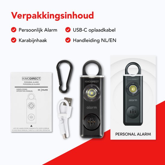 KIMO DIRECT Persoonlijk Alarm - Met Karabijnhaak - Alarm Sleutelhanger - Zelfverdediging - 130dB - Zwart