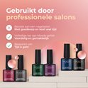 Vijf flesjes Moods Gellac in donkere tinten op een display. Voordelen: gebruikt door salons, bespaart tijd & geld.