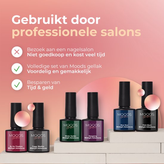Vijf flesjes Moods Gellac in donkere tinten op een display. Voordelen: gebruikt door salons, bespaart tijd & geld.