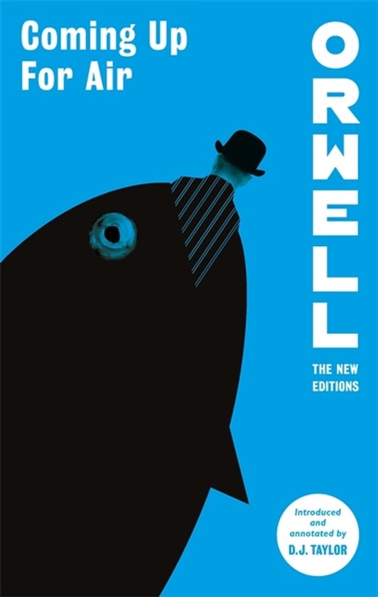 Boekomslag 'Coming Up For Air' van Orwell met blauwe achtergrond en zwarte, abstracte figuur met hoedje.