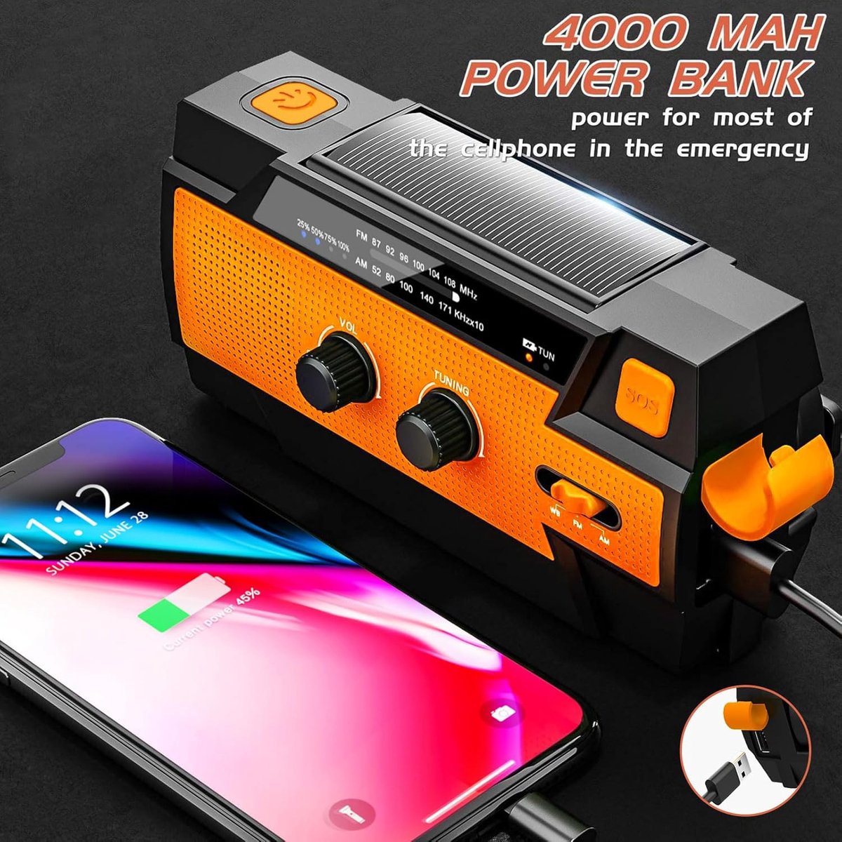 MELVRA® Solar Noodradio – AM/FM Zwengelradio – Dynamo & Zonne-energie – 4000mAh Powerbank – LED Zaklamp & SOS Alarm – Draagbare Noodradio voor Camping, Reizen & Noodpakket (Oranje)