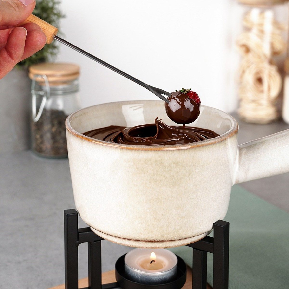 Excellent Houseware Kaasfondue setje met houder - porselein - beige/zwart - incl. 2 vorken – foto 7