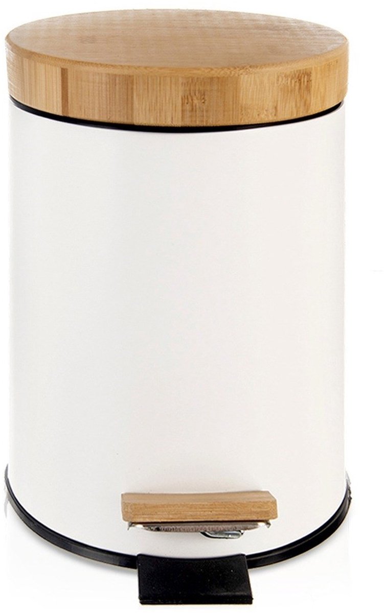 Orion Whiteline Serie - Metalen Vuilnisbak - 3L - Wit - Bamboe Pedaal